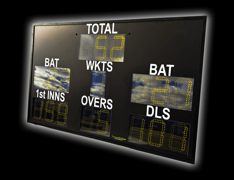 DC18 Standard Scoreboard showing LED digits for total, wickets, overs, first innings, and DLS.