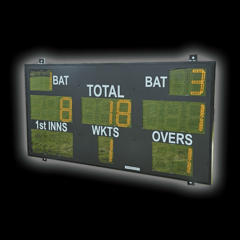 DC19 Standard Scoreboard displaying scores: BAT totals, wickets, overs, and innings information.