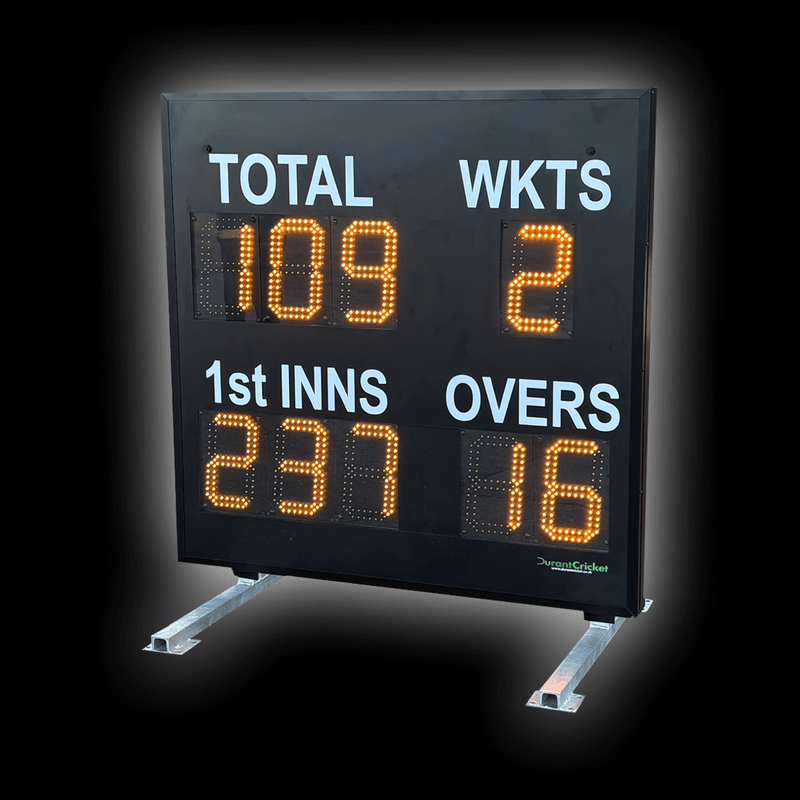 DC9 Standard Scoreboard displaying bright LED digits for TOTAL, WKTS, 1ST INNS, and OVERS.