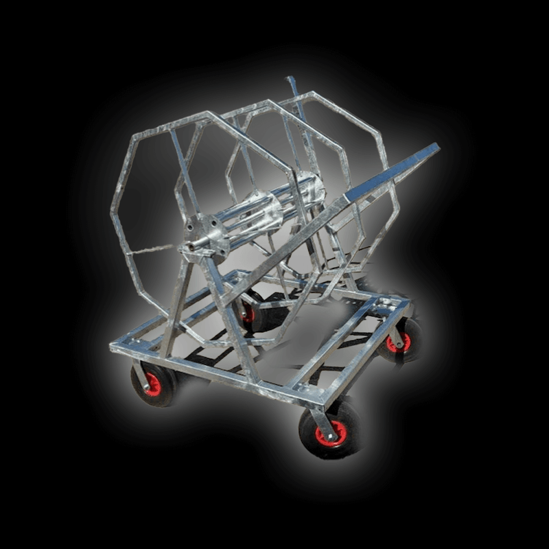 Double Rope Winder for neat rope storage, holds 1 or 2 coils of 220m rope, dimensions: H: 1400mm, W: 1300mm, D: 1300mm.