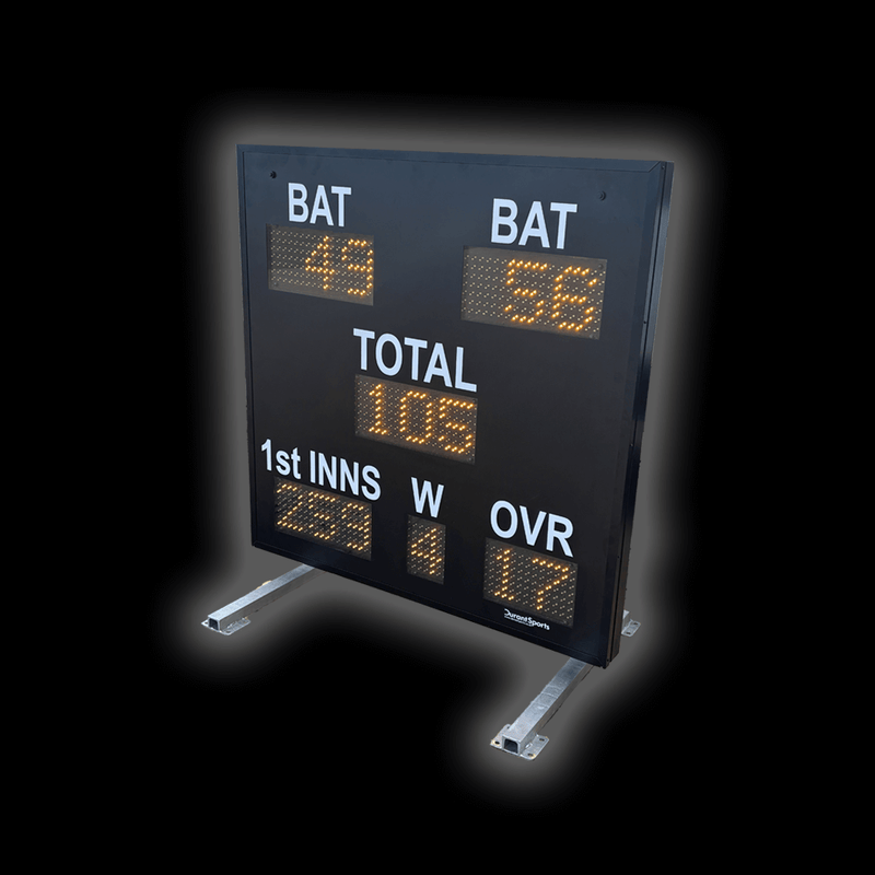 DC15 Cricket Scoreboard - 6" displaying BAT scores, TOTAL, WKTS, OVERS, and 1st INNS in bright LED digits.