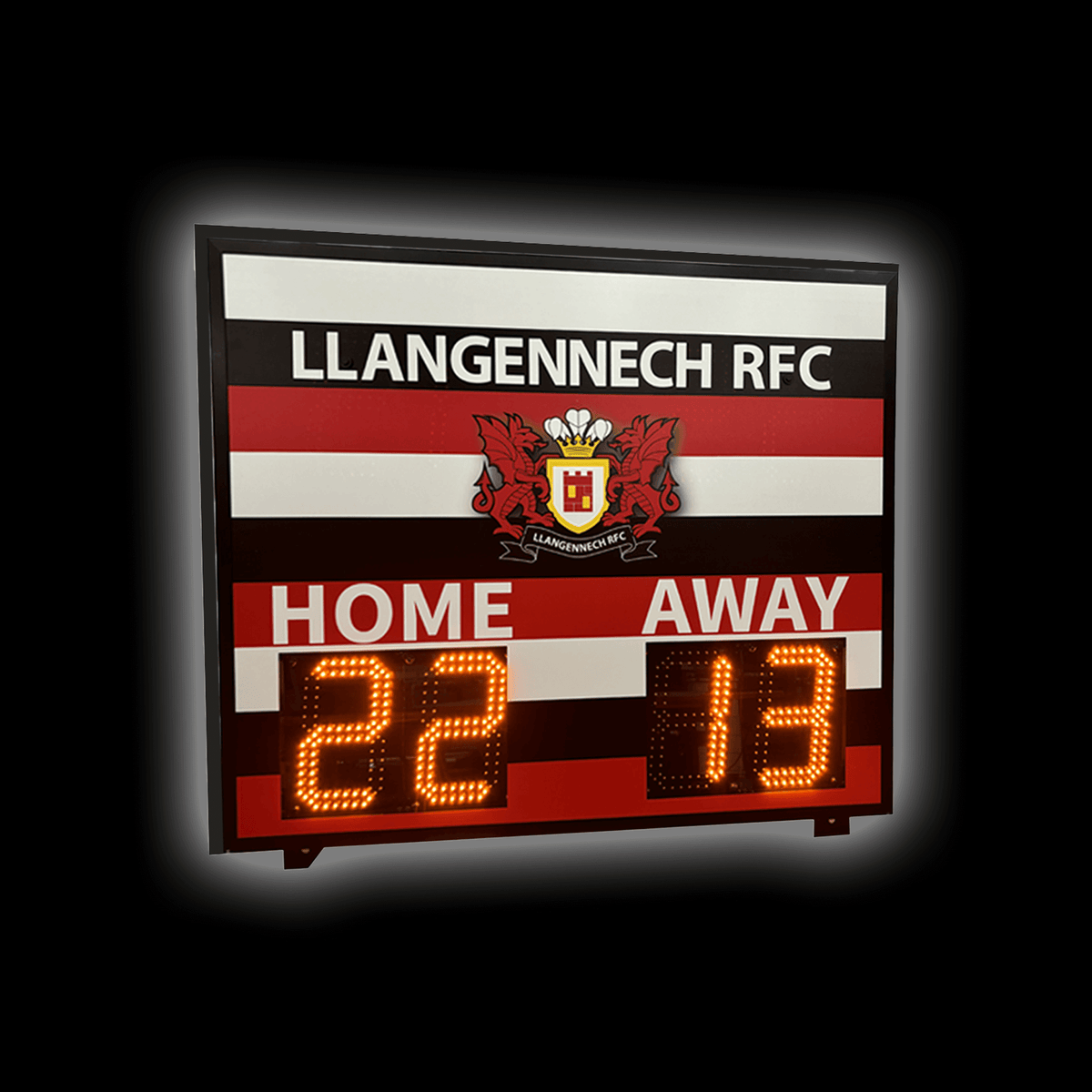 DSR1 Standard Scoreboard displaying Llangennech RFC home and away scores with bright LED digits.