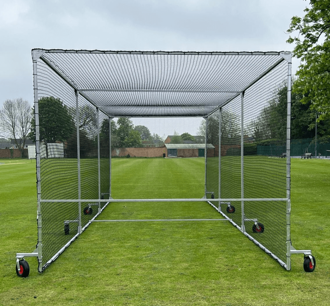 Mobile Cricket Cage showcasing its sturdy hot dip galvanised finish and easy mobility with a pulling bar.