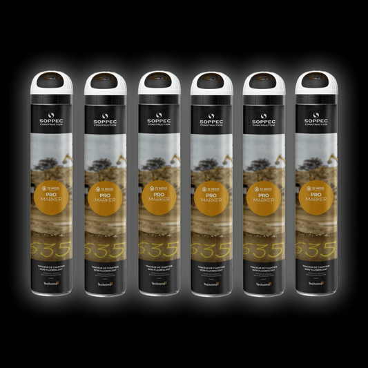 6 Pack of White Soppec Artificial Surface Marking Aerosols displayed in a row, showcasing 750ml spray cans.