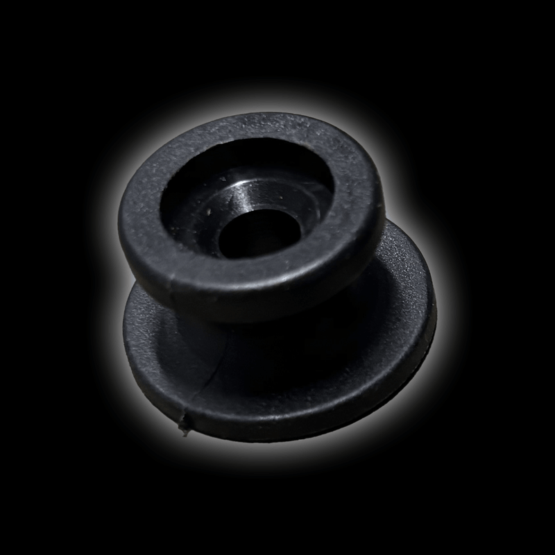 Bungee Retaining Clip, a black clip designed for guttering, showing its circular shape and central hole.