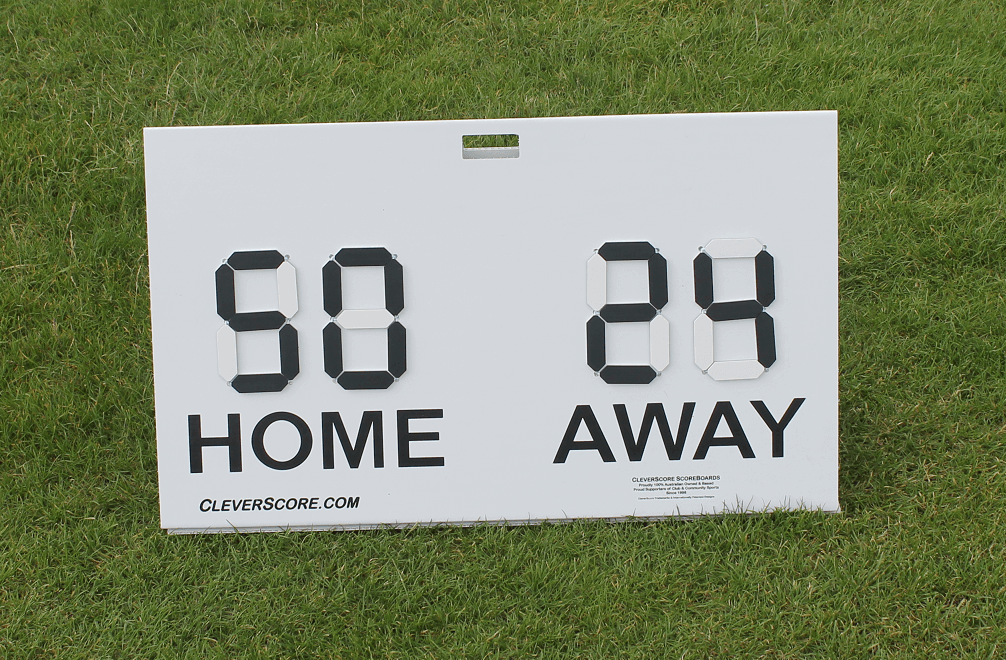 CleverScore Standup Double Sided Manual Scoreboard showing HOME 90 and AWAY 89 scores.
