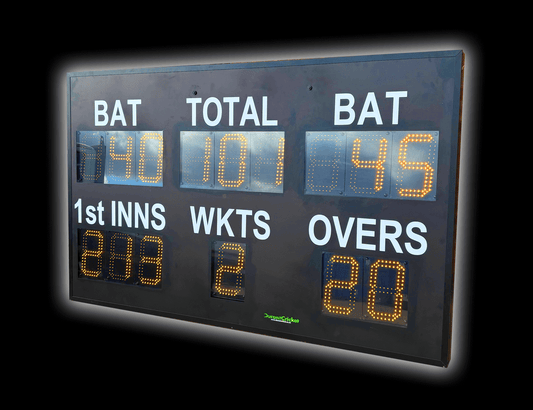 DC15 Standard Scoreboard displaying scores: BAT, TOTAL, 1ST INNS, WKTS, and OVERS with bright LED digits.