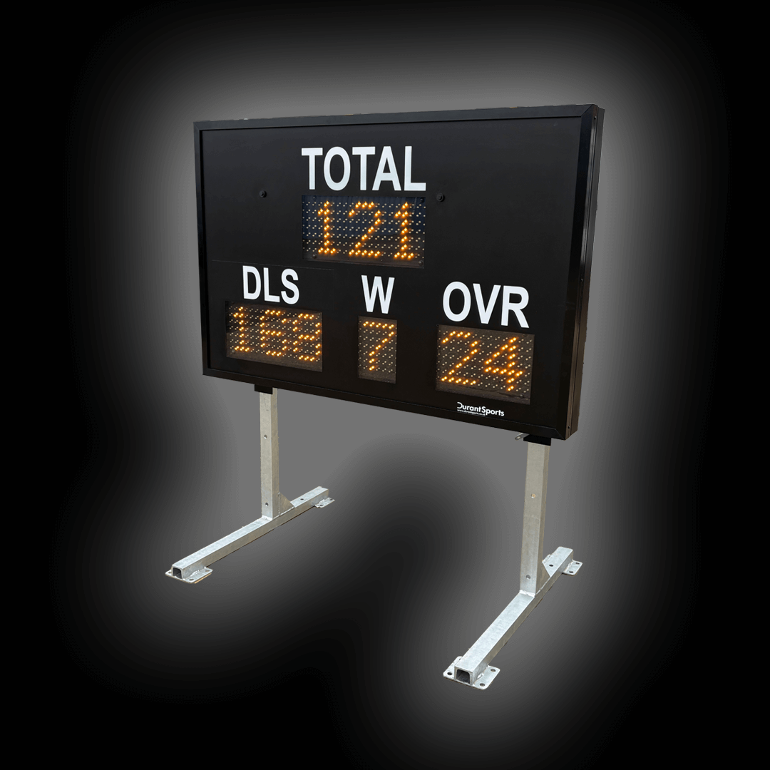 DC9 6" Repeater DLS scoreboard displaying TOTAL, DLS, W and OVR digits on a sturdy stand.