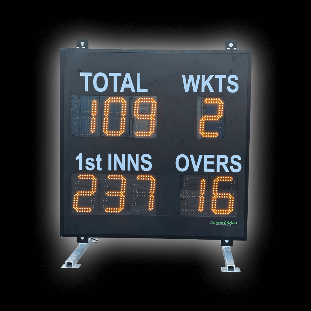 DC9 Standard Scoreboard displaying match statistics: TOTAL, WKTS, 1ST INNS, OVERS in bright LED digits.