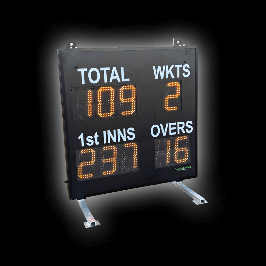 DC9 Standard Scoreboard displaying bright LED digits for TOTAL, WKTS, 1st INNS, and OVERS.