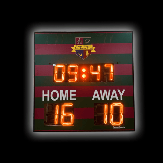 DSR2 Standard Scoreboard displaying time 09:47 and scores Home 16, Away 10 in bright LED digits.