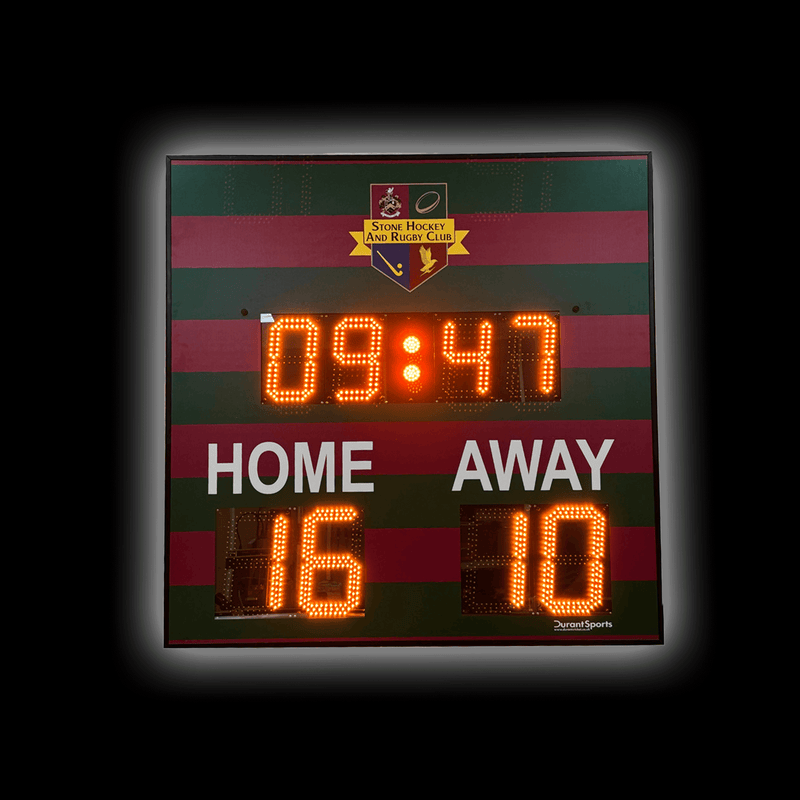 DSR2 Standard Scoreboard displaying time 09:47 and scores Home 16, Away 10 in bright LED digits.