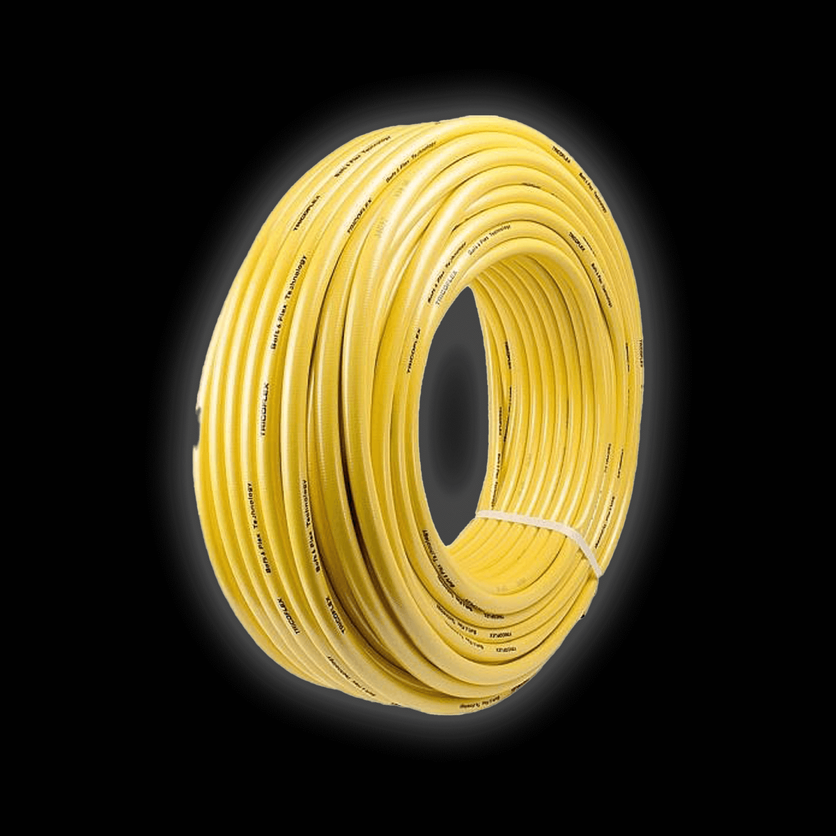 25m of 3/4" Hose rolled up, showcasing its durability and flexibility against a black background.