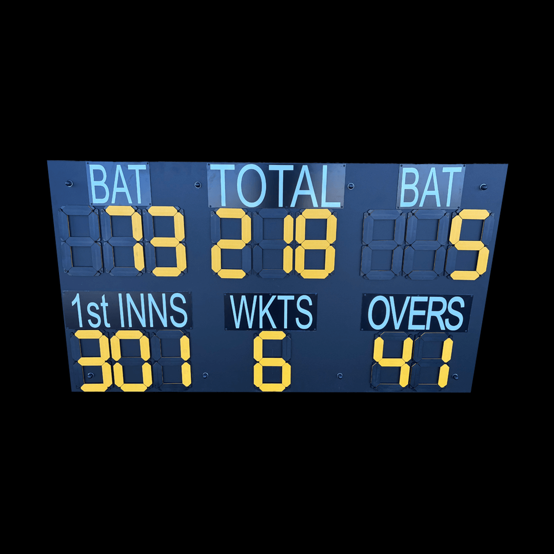 Durant Cricket Standard Manual Scoreboard displaying scores for batting, total runs, wickets, and overs.