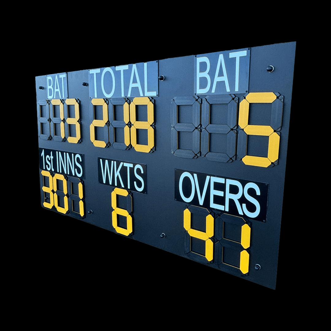 Durant Cricket Standard Manual Scoreboard displaying batsmen, total runs, wickets, and overs.