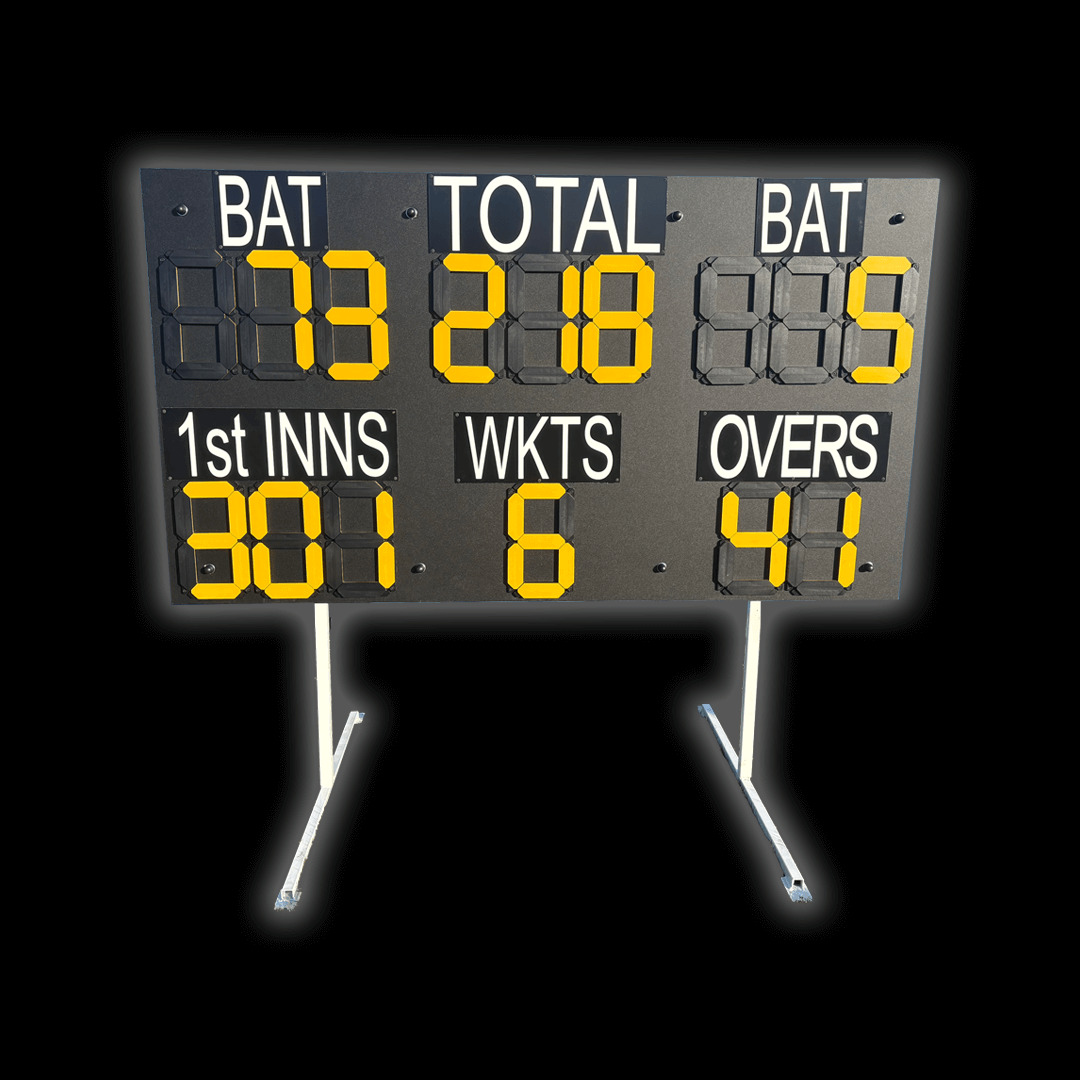 Durant Cricket Standard Manual Scoreboard displaying current cricket match statistics and scores.