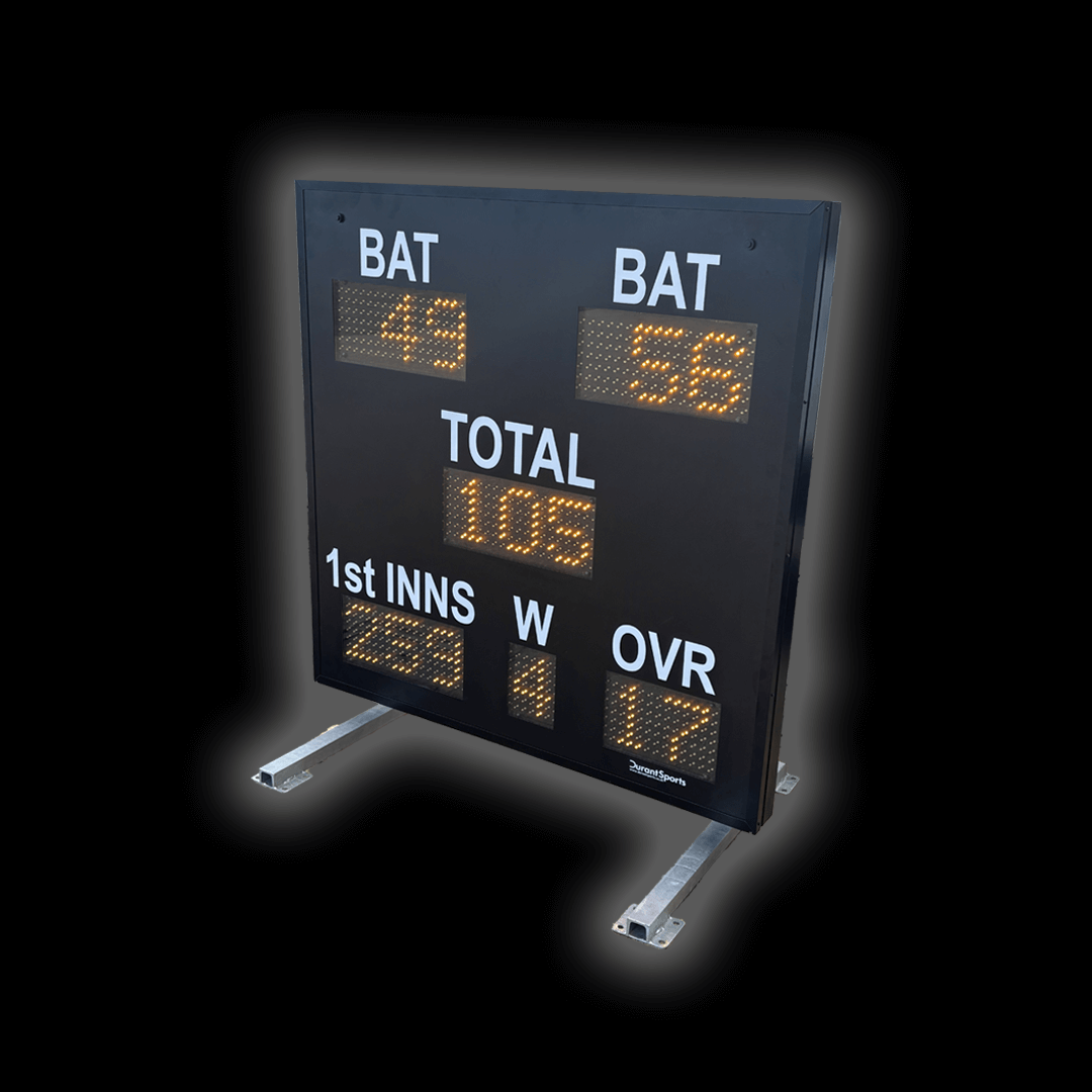 DC15 Cricket Scoreboard - 6" displaying BAT scores, TOTAL, WKTS, OVERS, and 1st INNS in bright LED digits.