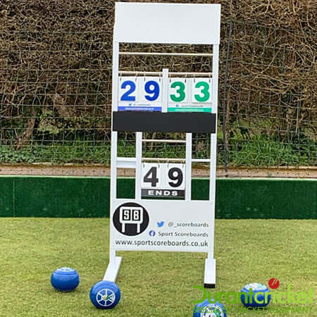 Freestanding Bowls Scoreboard displaying scores and ends with colorful balls beside it, perfect for outdoor usage.