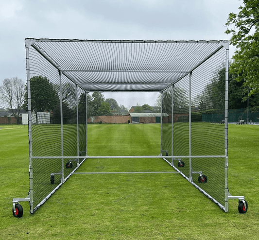 Mobile Cricket Cage showcasing its sturdy hot dip galvanised finish and easy mobility with a pulling bar.